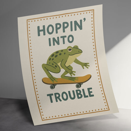 Vintage Style Frog Skateboard Greeting Card, Whimsical Animal Art, Funny Birthday Card, Unique Quirky Stationery