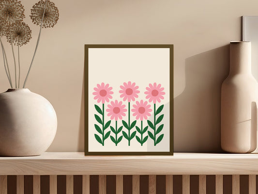 Floral Wall Art Print, Pink Daisy Flowers Poster, Minimalist Home Decor, Modern Botanical Illustration, Framed Artwork for Bedroom or Living