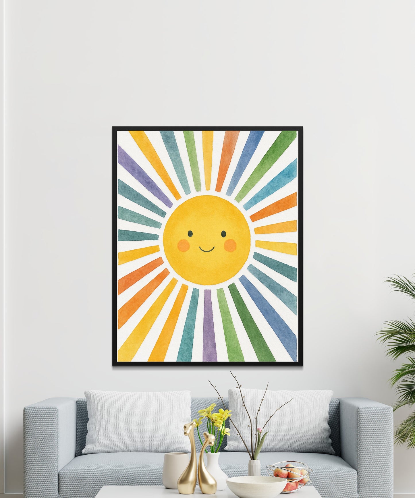 Colorful Sunburst Wall Art Print, Smiling Sun Nursery Decor, Bright Kids Room Poster, Cheerful Playroom Decoration