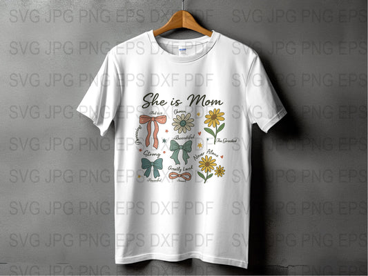 She is Mom T-Shirt, Floral Graphic Tee, Mother's Day Gift, Women's White Shirt, Wildlife Design, Fashion Top