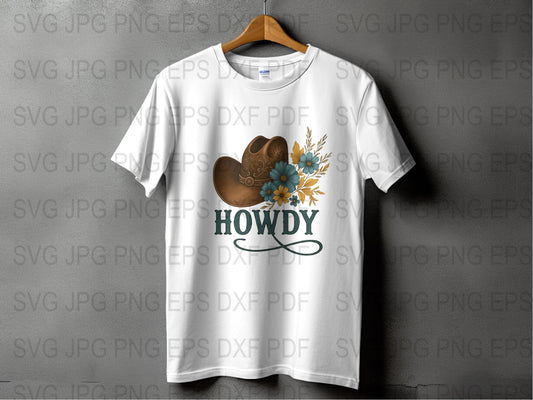 Western Cowboy Hat Howdy T-Shirt, Floral Print, Casual Wear Tee, Unisex Graphic Shirt