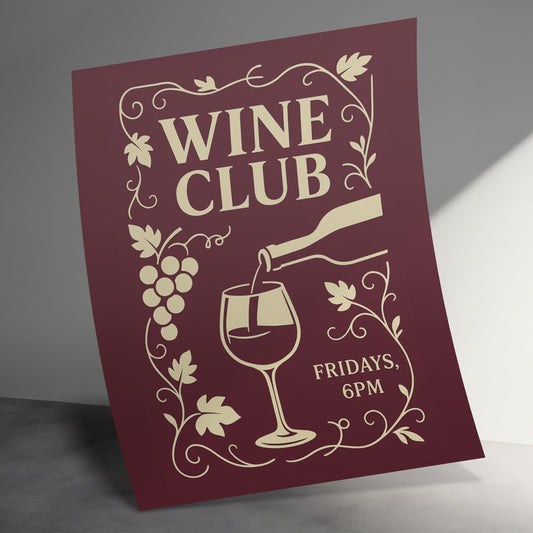 Wine Club Vintage Poster, Bordeaux Color, Elegant Wine Tasting Event Decor, Fridays 6PM