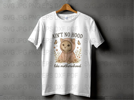 Motherhood T-Shirt, Cute Cat Graphic, Ain't No Hood Quote, Trendy Mom Tee, Floral Design, Feminine Fashion Top.