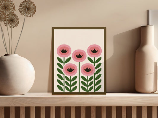 Modern Floral Art Print, Pink Blooms Wall Decor, Minimalist Botanical Poster for Home
