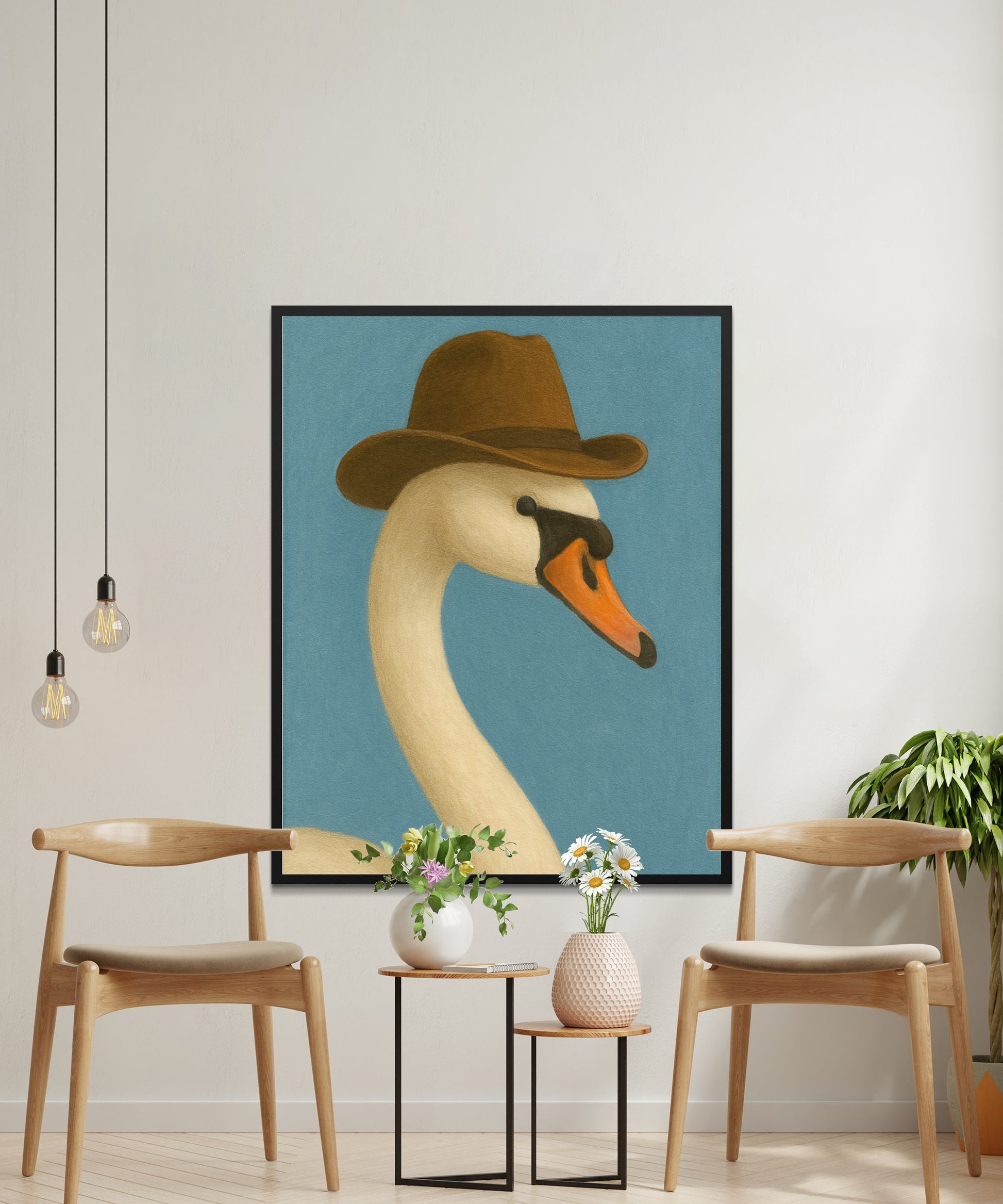 Quirky Swan Art Print, Modern Farmhouse Wall Decor, Cowboy Hat Animal Portrait Painting
