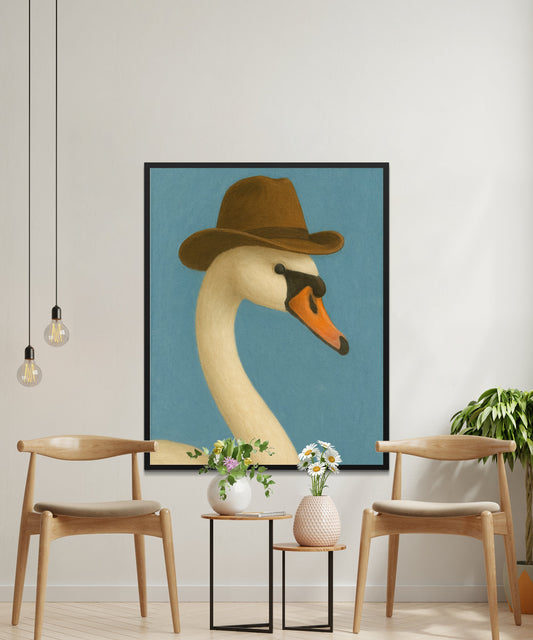 Quirky Swan Art Print, Modern Farmhouse Wall Decor, Cowboy Hat Animal Portrait Painting