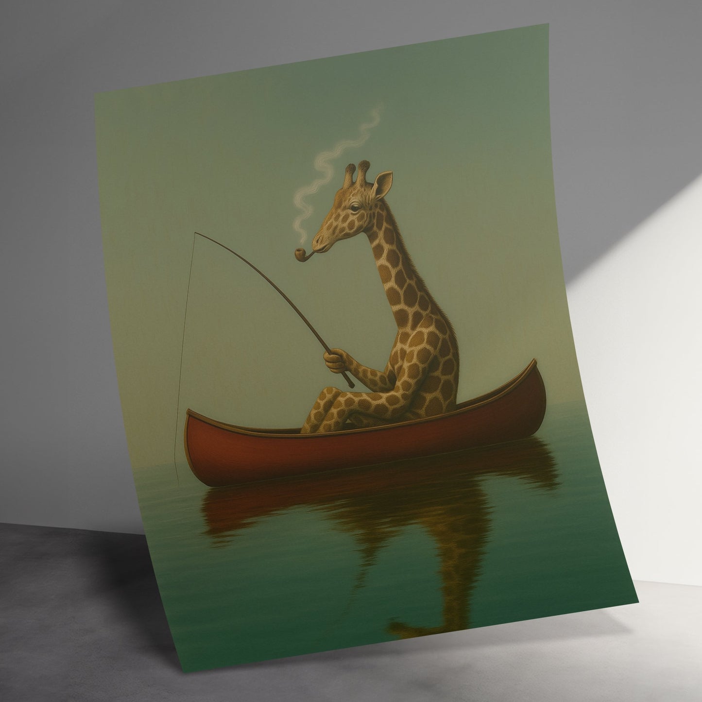 Whimsical Giraffe Fishing in Canoe Art Print, Vintage Style Illustration, Unique Nursery Wall Decor, Animal Boat Fishing Poster