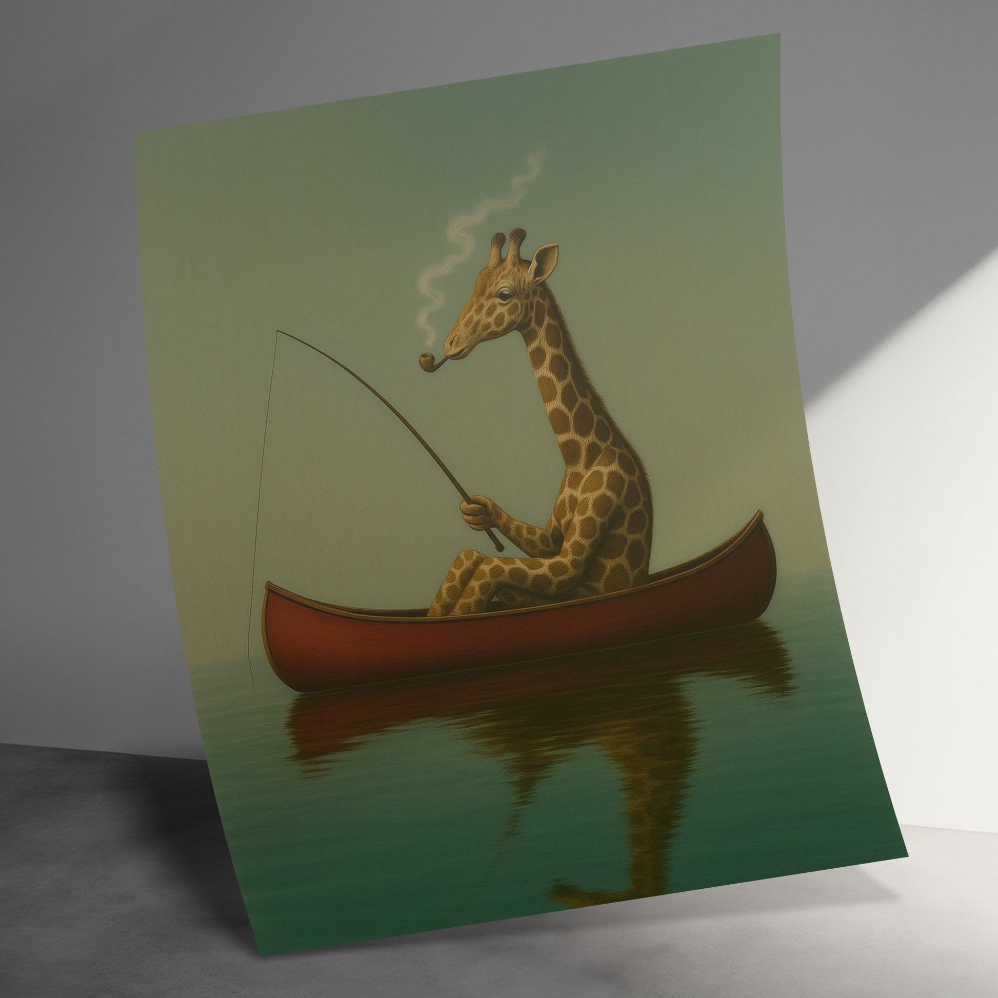 Whimsical Giraffe Fishing in Canoe Art Print, Vintage Style Illustration, Unique Nursery Wall Decor, Animal Boat Fishing Poster