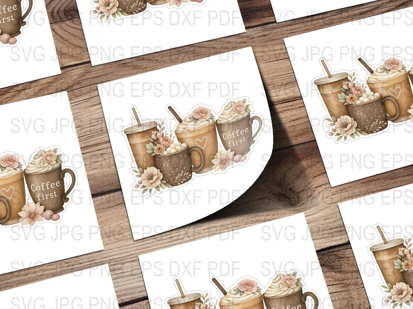 Coffee First Floral Mug Design SVG, PNG, DXF Files for Crafting, Digital Download, Scrapbooking, Cricut and Silhouette Projects