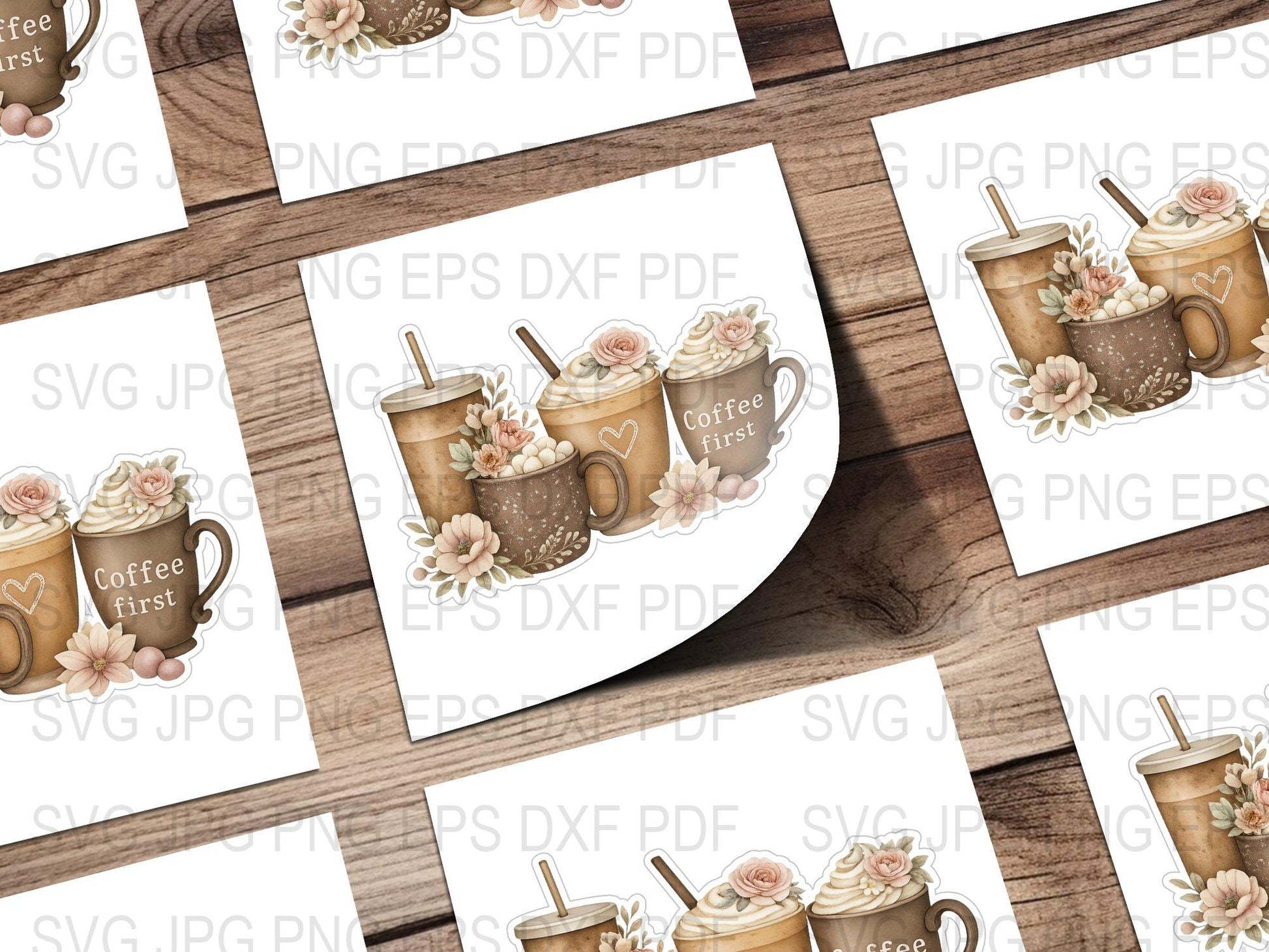 Coffee First Floral Mug Design SVG, PNG, DXF Files for Crafting, Digital Download, Scrapbooking, Cricut and Silhouette Projects