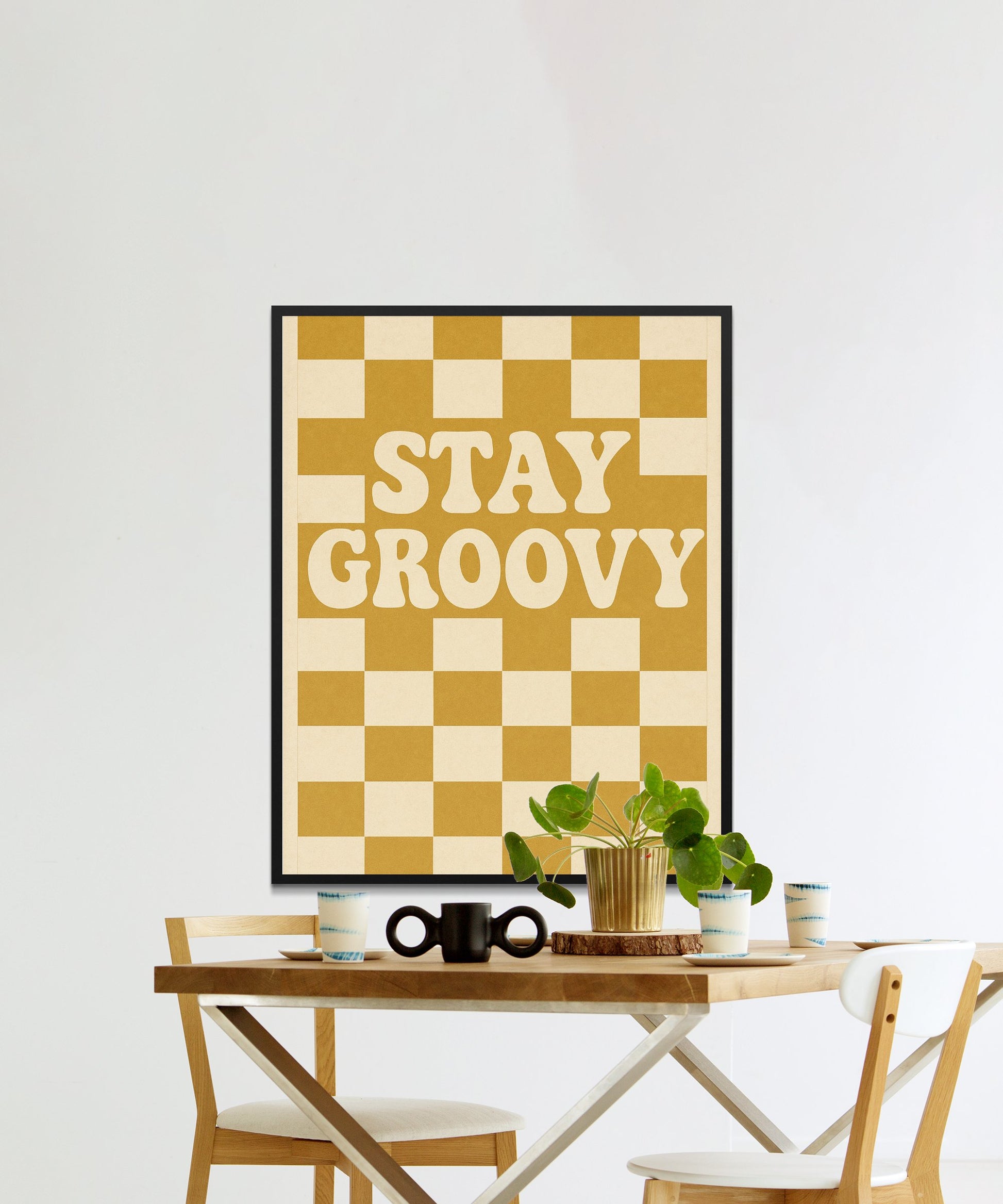 Retro Stay Groovy Poster, Vintage Inspired Wall Art, Mid-Century Modern Decor, Beige and Black Checkerboard Design