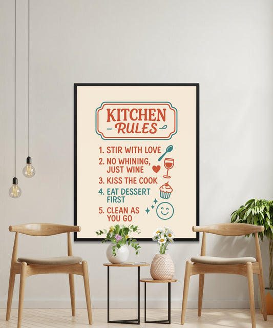 Kitchen Rules Wall Art, Modern Home Decor, Typography Print, Dining Room Poster, No Whining, Kiss Cook, Housewarming Gift Ideas