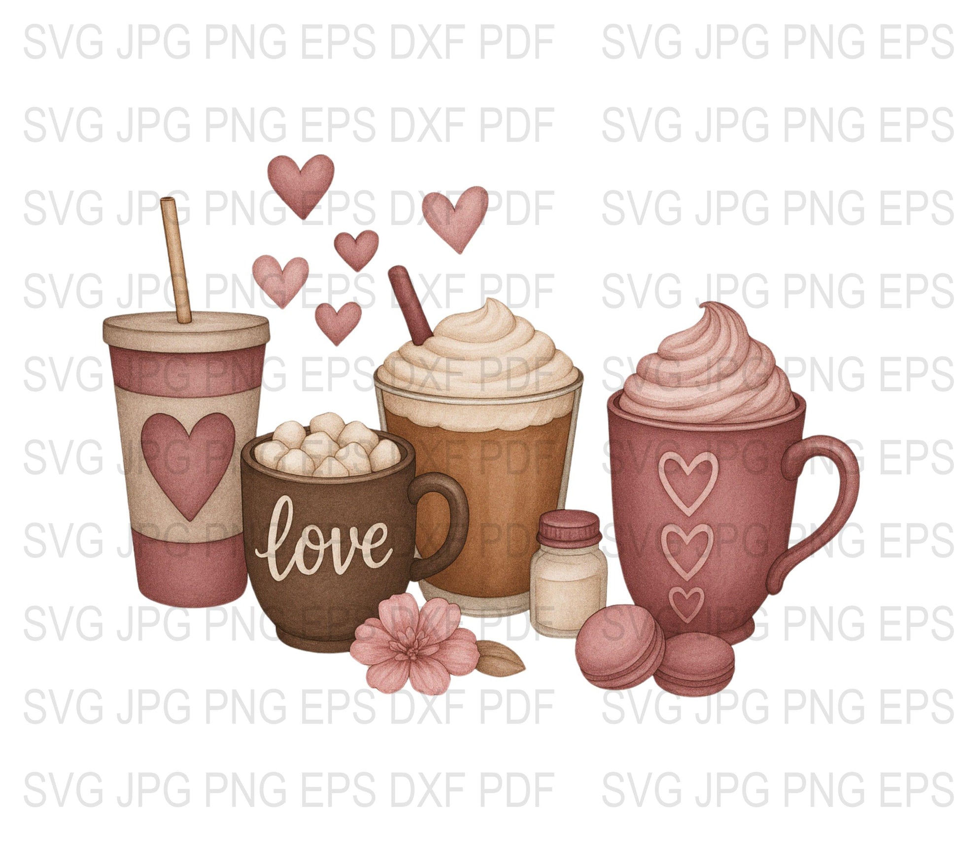 Coffee Lover Clipart Set, Digital Download SVG, PNG, EPS, DXF, JPG, Cute Valentine's Day Beverage Graphics