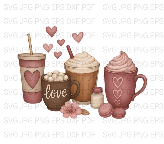 Coffee Lover Clipart Set, Digital Download SVG, PNG, EPS, DXF, JPG, Cute Valentine's Day Beverage Graphics