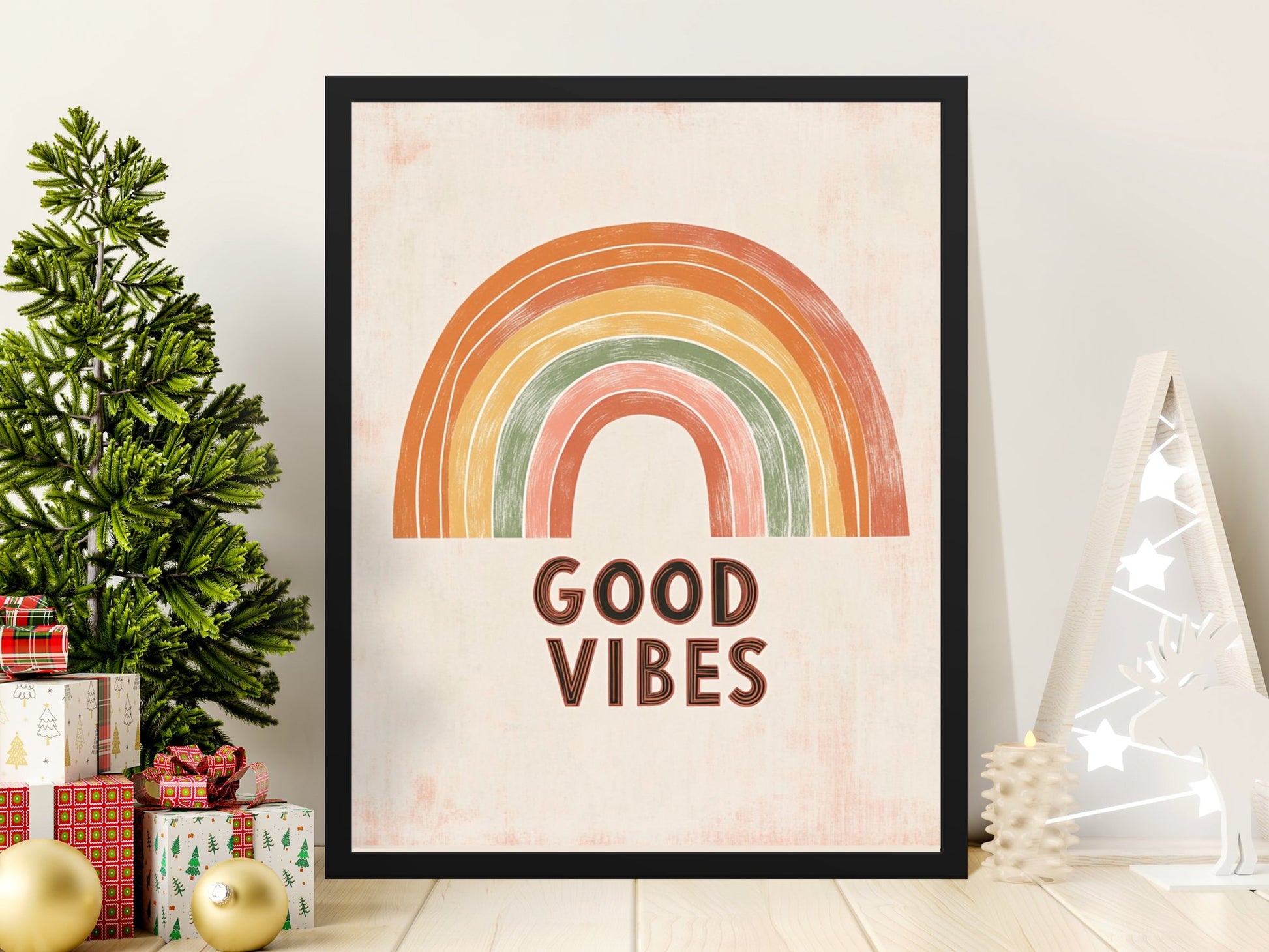 Good Vibes Rainbow Poster, Colorful Wall Art, Modern Home Decor, Boho Style Print, Inspirational Quote