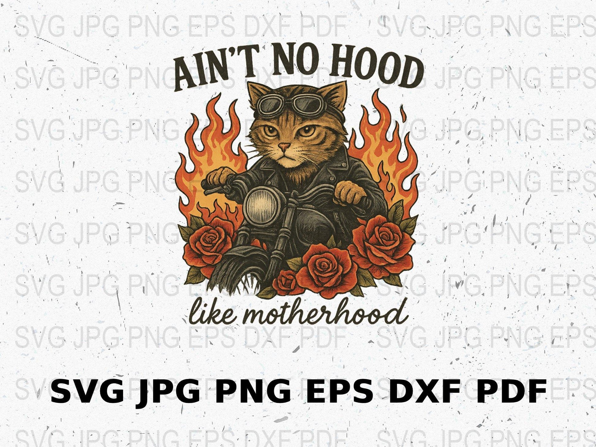 Cool Cat Motherhood SVG, PNG, EPS, DXF, JPG Files, Mom Life Graphic, Motorcycle Cat Illustration, Digital Download Artwork for T-Shirts.