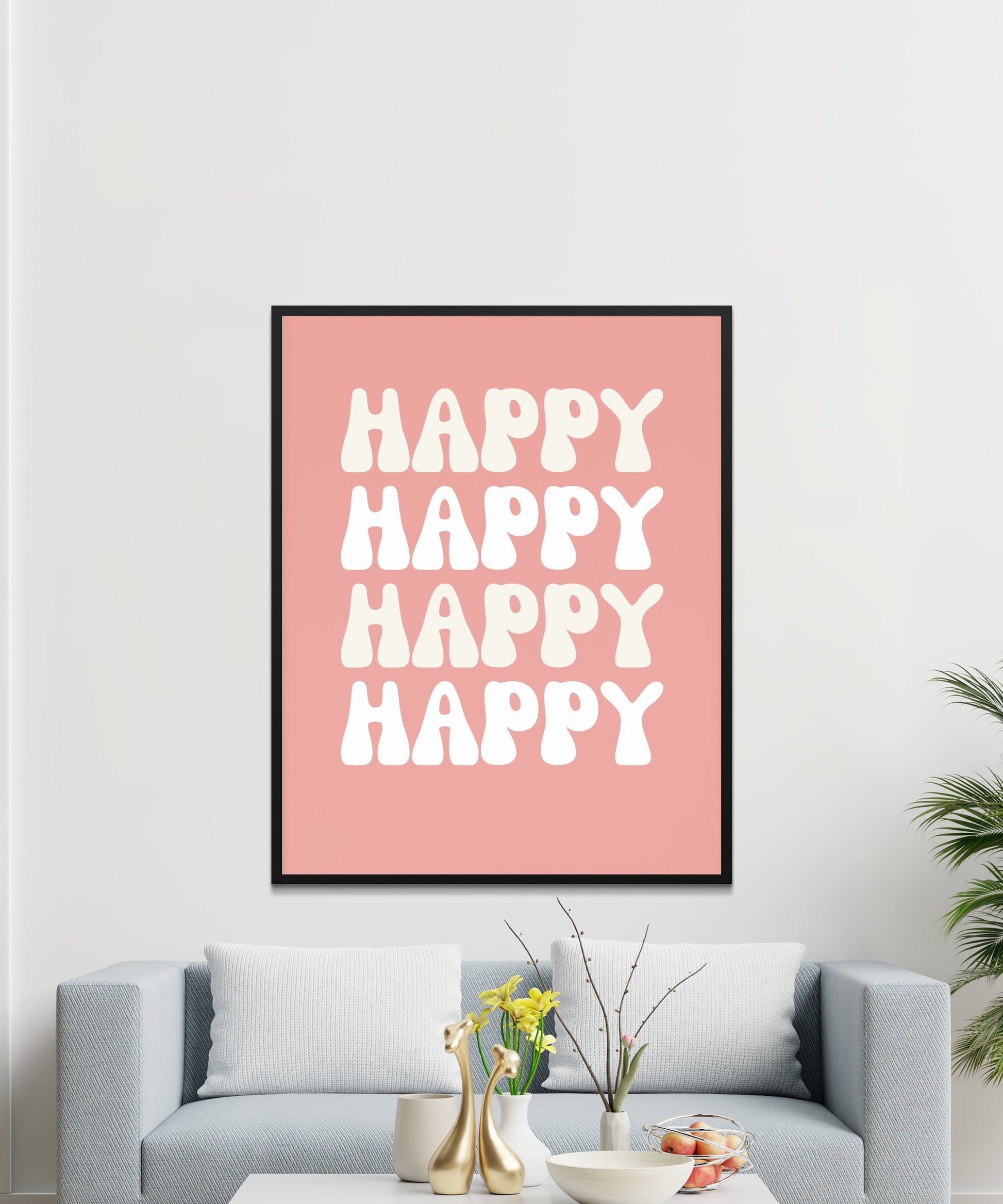 Modern Happy Typography Wall Art, Pink and White Home Decor, Living Room Poster Print