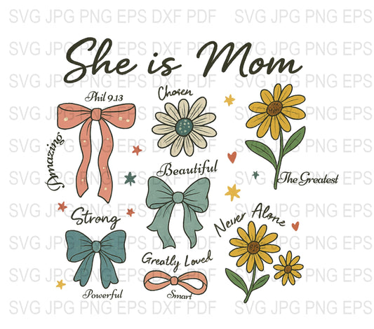 Mom SVG Bundle, She is Chosen, Beautiful, Strong, Clipart, Mother's Day Gift, Digital Download, Crafting Files, Printable Art, Floral Design