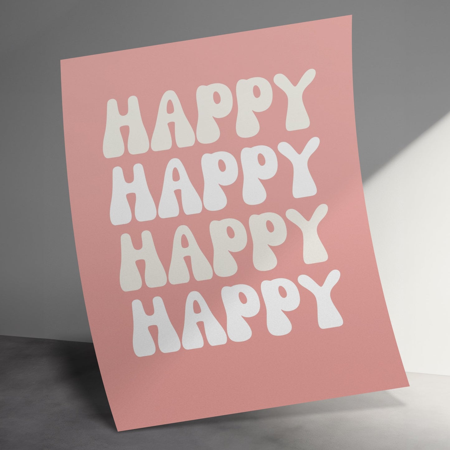 Happy Text Poster, Modern Minimalist Wall Art, Pink and White Home Decor, Inspirational Typography Print