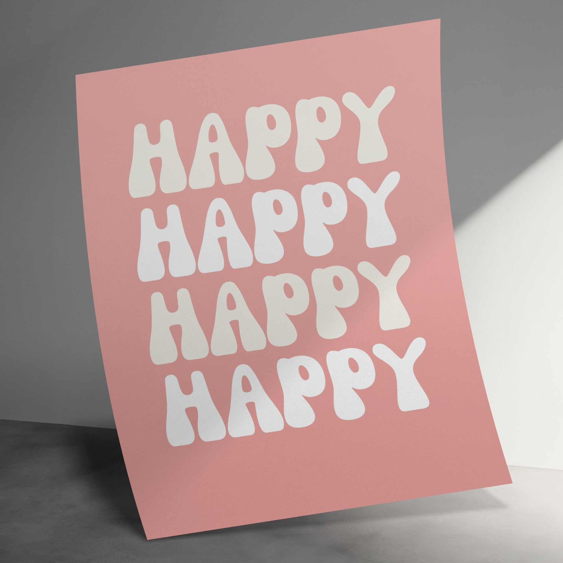 Happy Text Poster, Modern Minimalist Wall Art, Pink and White Home Decor, Inspirational Typography Print