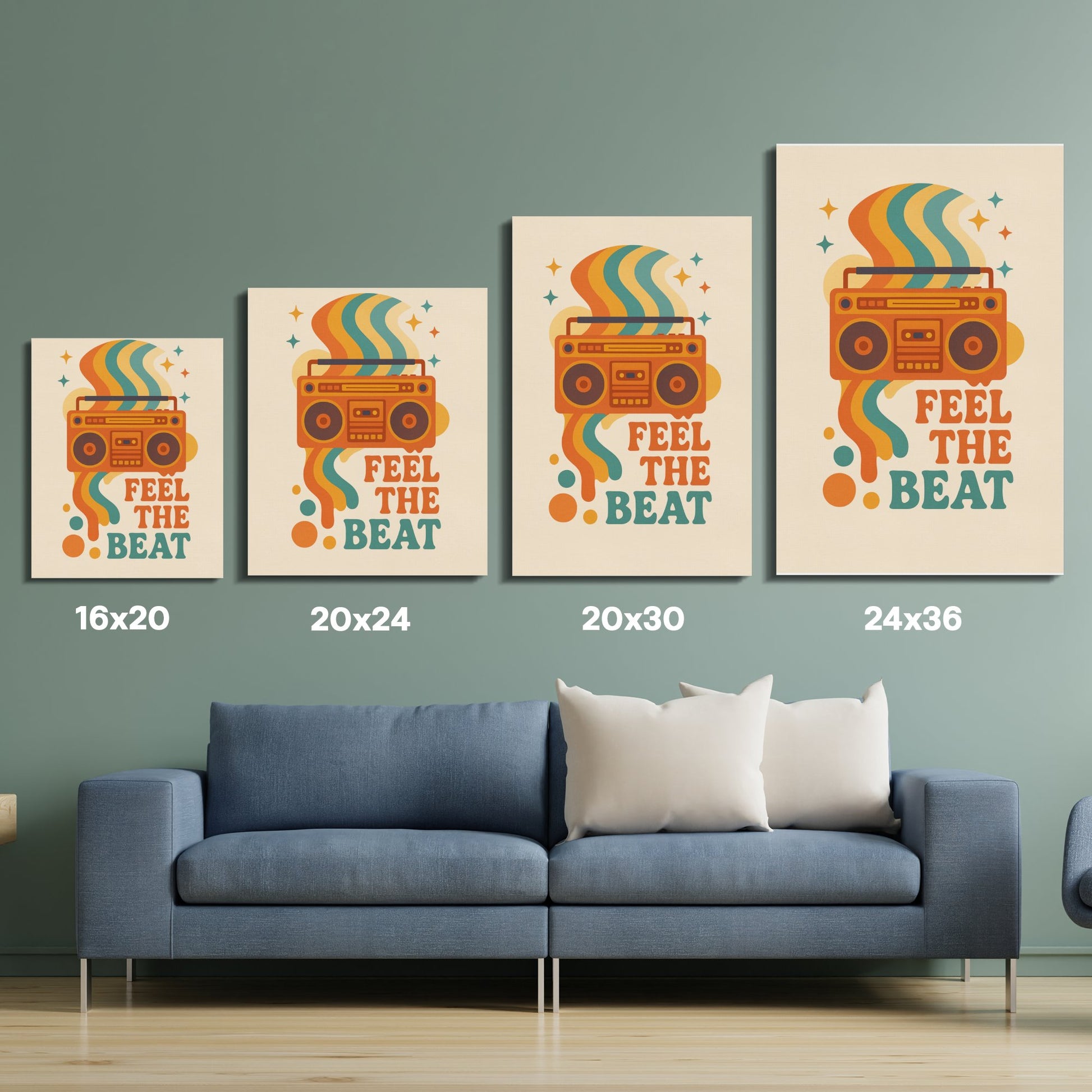 Vintage Boombox Art Print, Retro Music Poster, Feel The Beat Wall Art, Colorful Home Decor, Living Room Decoration, 80s Style Illustration