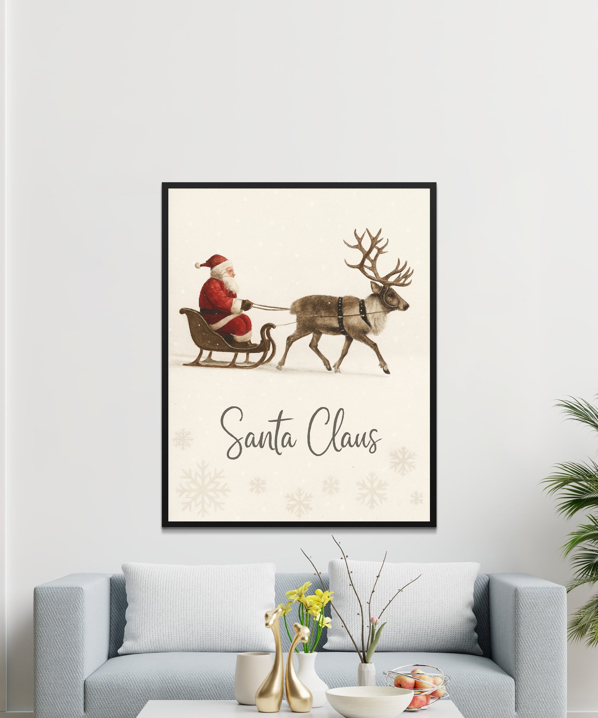 Vintage Santa Claus Reindeer Sleigh Print, Christmas Wall Art, Holiday Decor Poster, Festive Seasonal Home Decoration