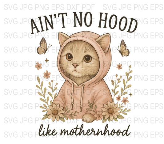 Cute Cat in Hood Motherhood Quote SVG, Floral Cat Graphic, Digital Download, Printable Artwork, JPG, PNG, PDF, DXF Files