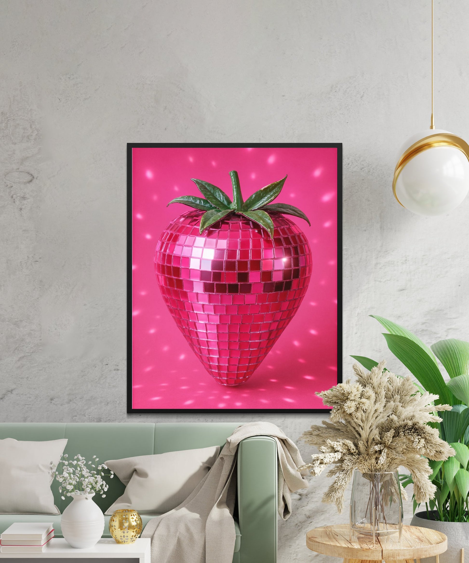 Modern Pink Disco Ball Strawberry Art Print, Vibrant Kitchen Wall Decor, Unique Digital Fruit Poster