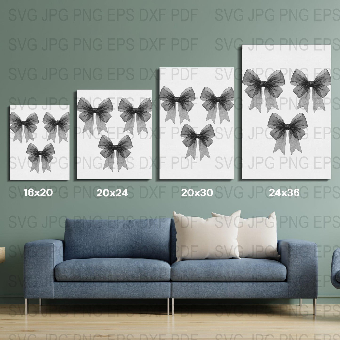 Modern Black and White Bow Wall Art Prints, Minimalist Home Decor, Set of Four Canvases, Living Room Artwork