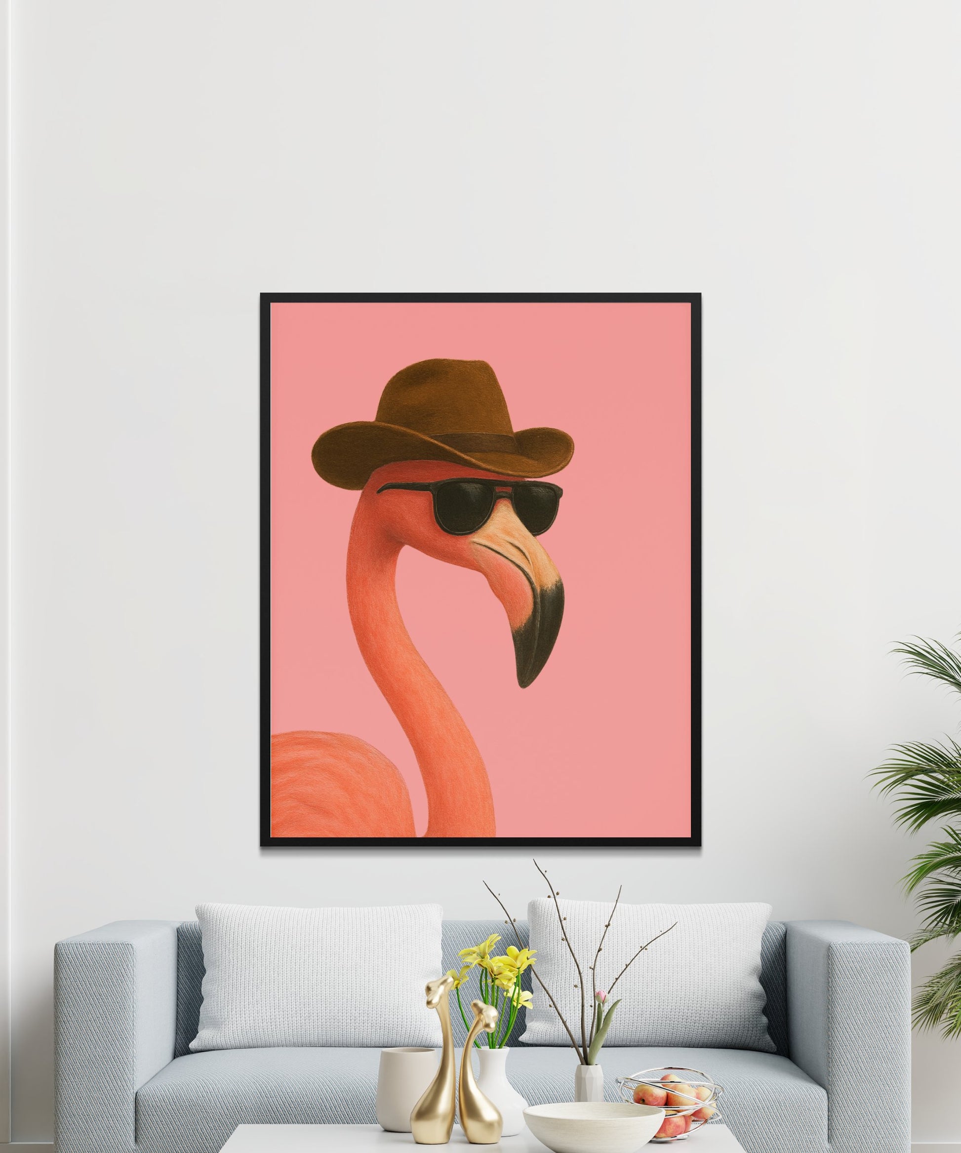 Flamingo Art Print with Hat and Sunglasses, Modern Wall Decor, Vibrant Living Room Decoration, Unique Bird Poster