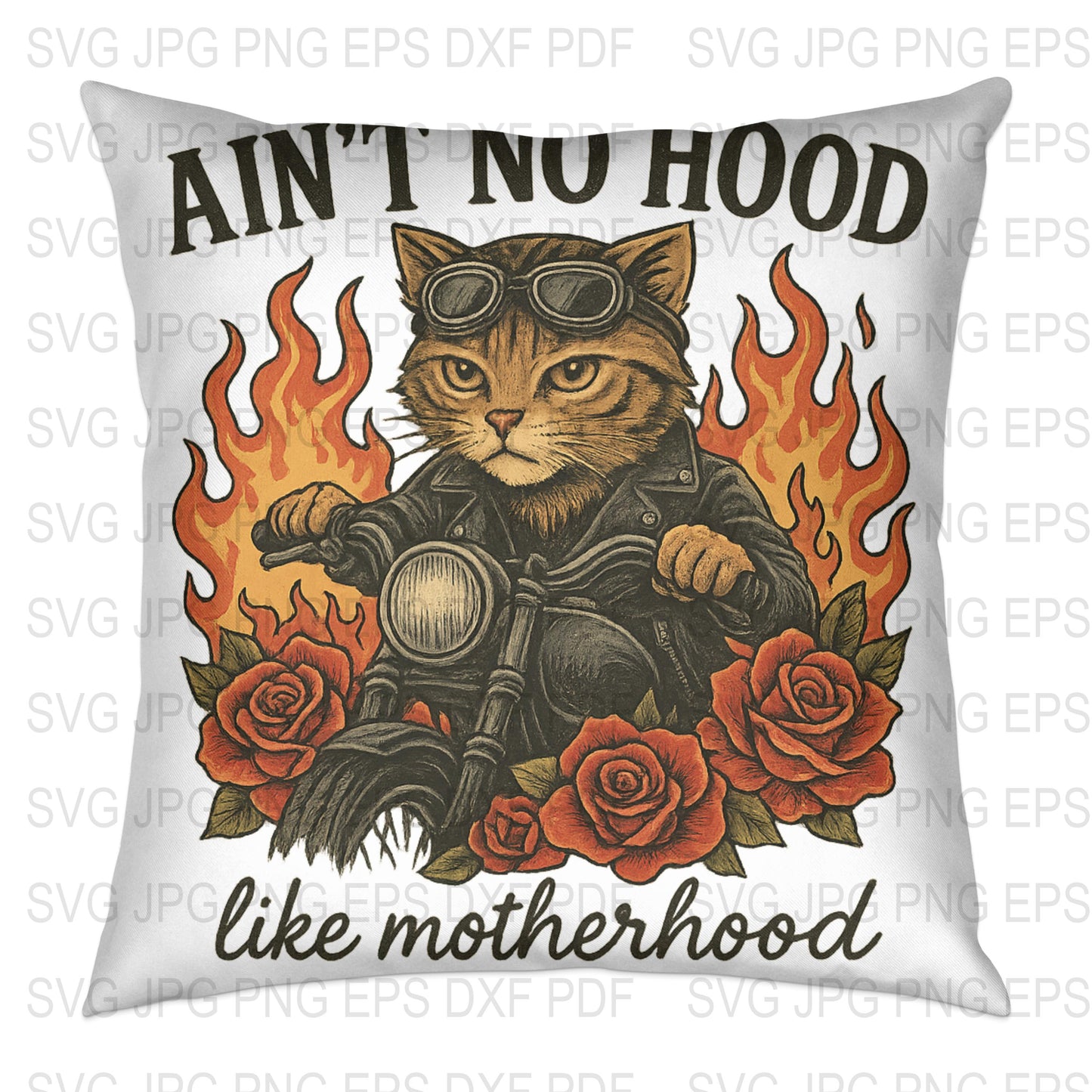 Vintage Biker Cat Cushion Cover, Cool Motorcycle Cat with Roses, Unique Throw Pillow, Home Decor Gift