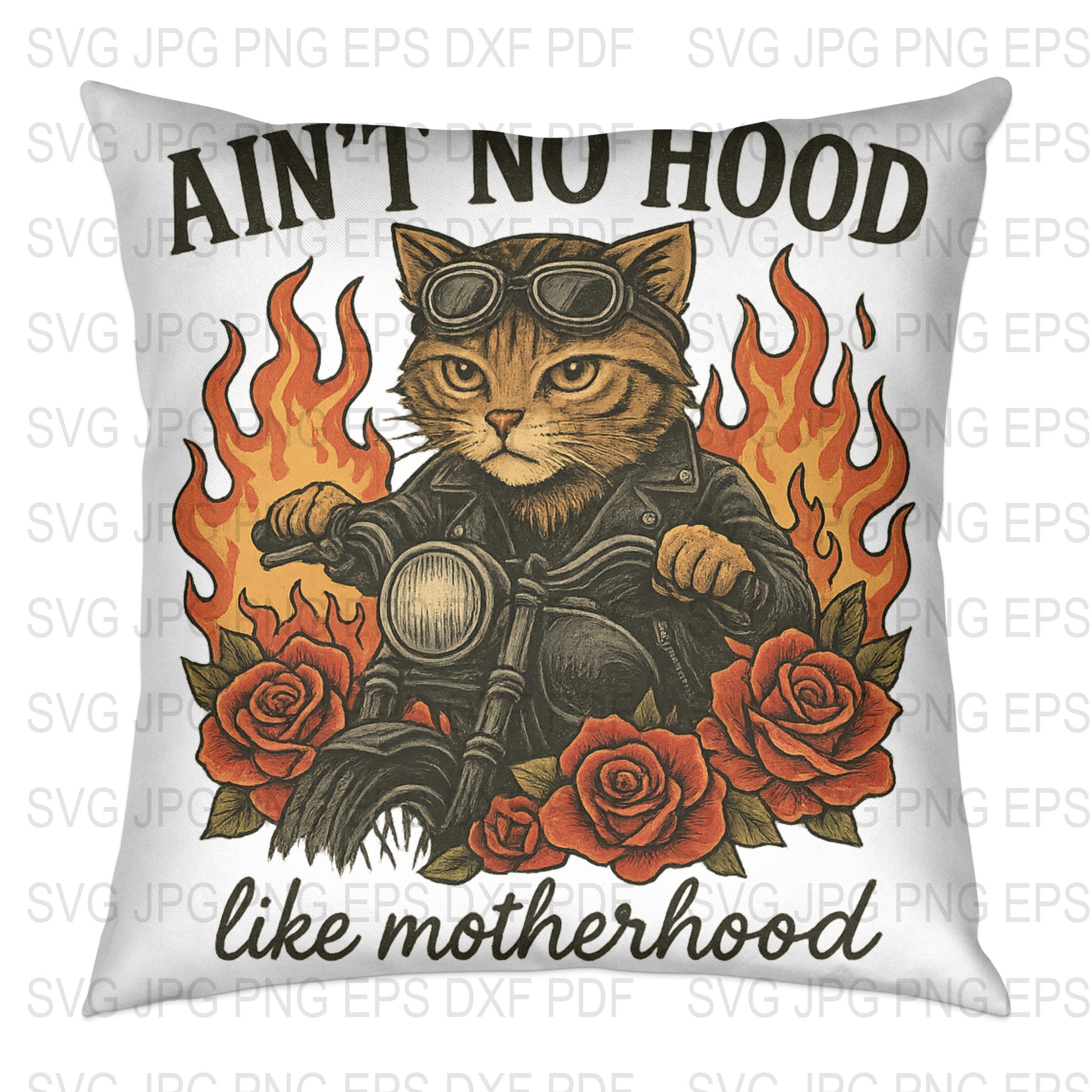 Vintage Biker Cat Cushion Cover, Cool Motorcycle Cat with Roses, Unique Throw Pillow, Home Decor Gift