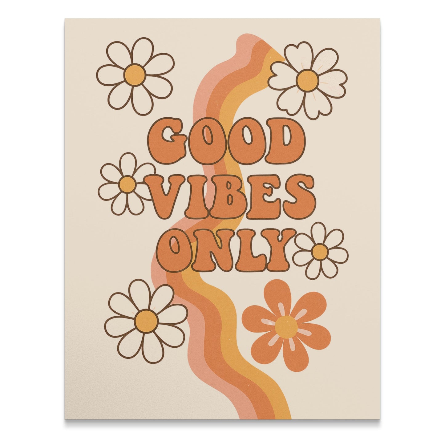 Retro Good Vibes Only Poster, Vintage Daisy Flower Art, Boho Chic Wall Decor, Inspirational Quote Print