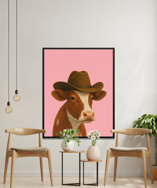 Whimsical Cowboy Hat Cow Art Print, Modern Farmhouse Decor, Pink Wall Art, Large Poster
