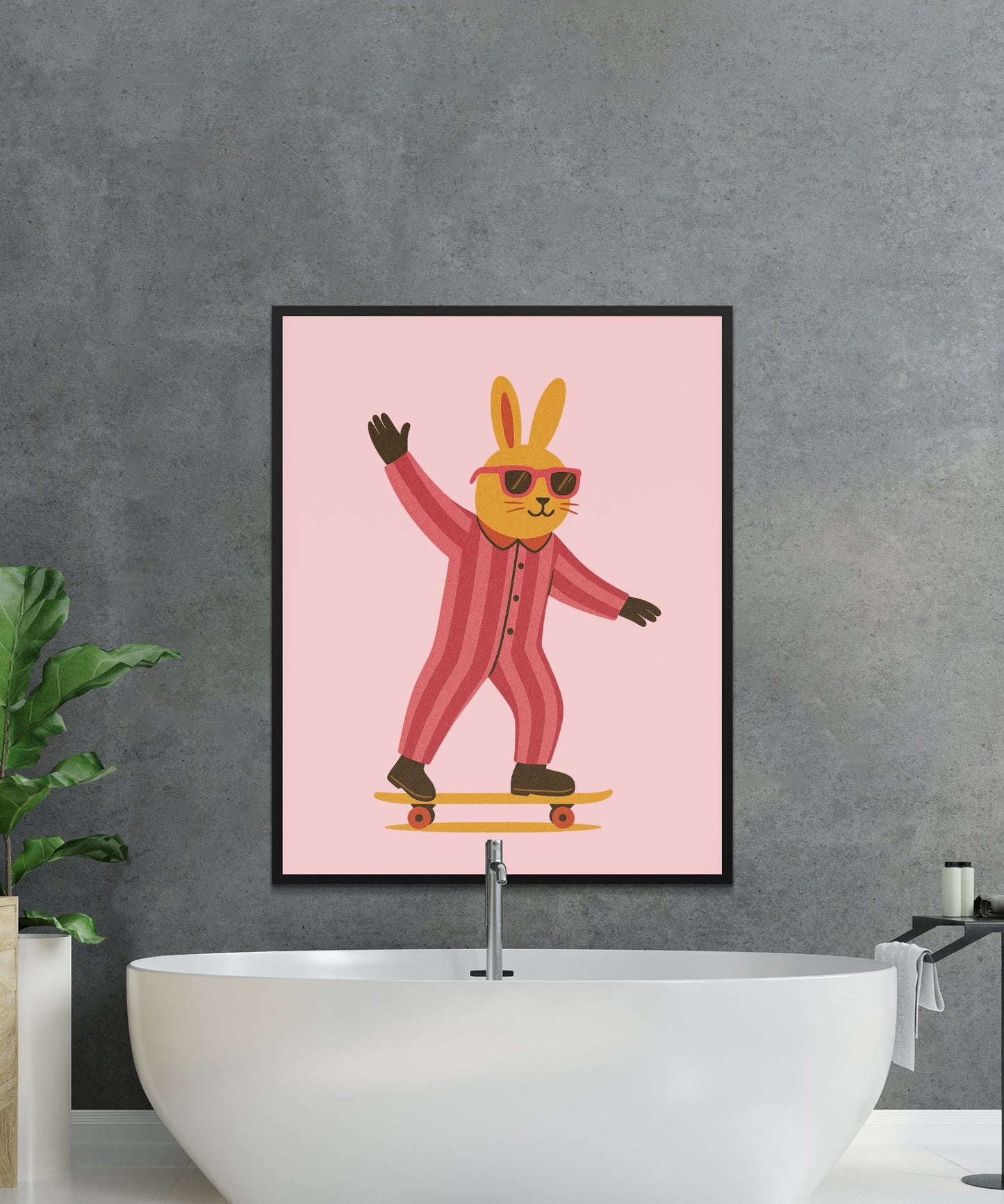Cool Bunny on Skateboard Poster, Cartoon Rabbit Wall Art, Kids Room Decor, Colorful Nursery Illustration