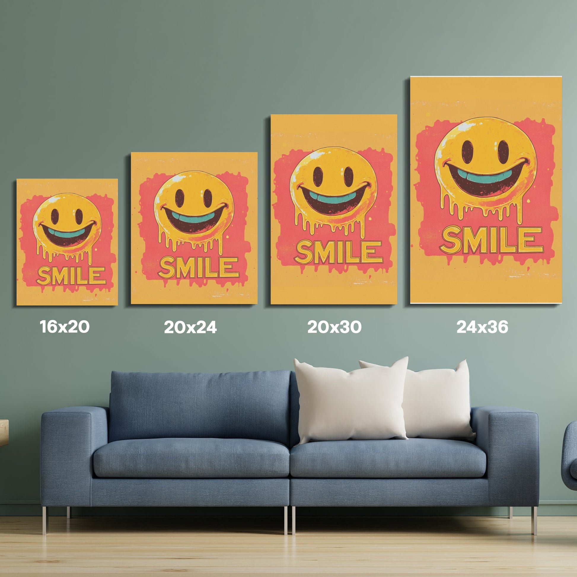 Smile Dripping Paint Canvas Art, Yellow and Orange Wall Decor, Modern Pop Art Prints, Living Room Aesthetic, Set of Four Sizes