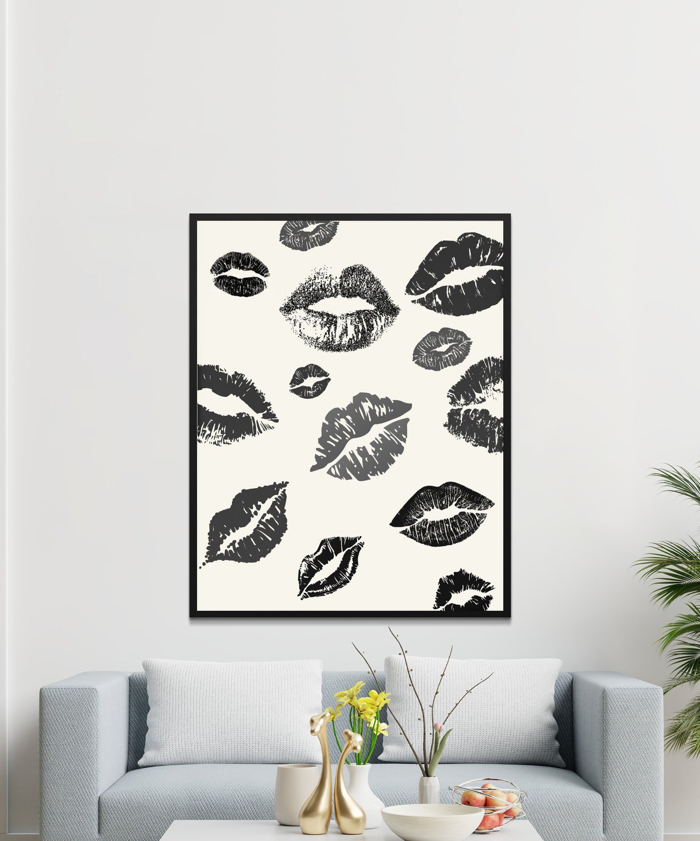 Black and White Kiss Lip Prints Wall Art, Modern Home Decor, Stylish Bedroom Poster