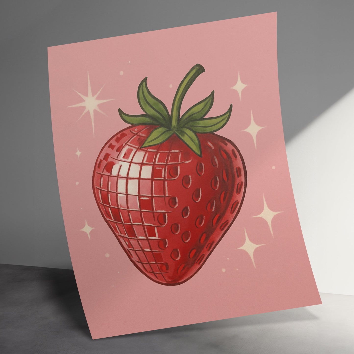 Vibrant Strawberry Art Print, Starry Background, Red Berry Illustration, Kitchen Wall Decor, Fruit Poster, Modern Home Artwork