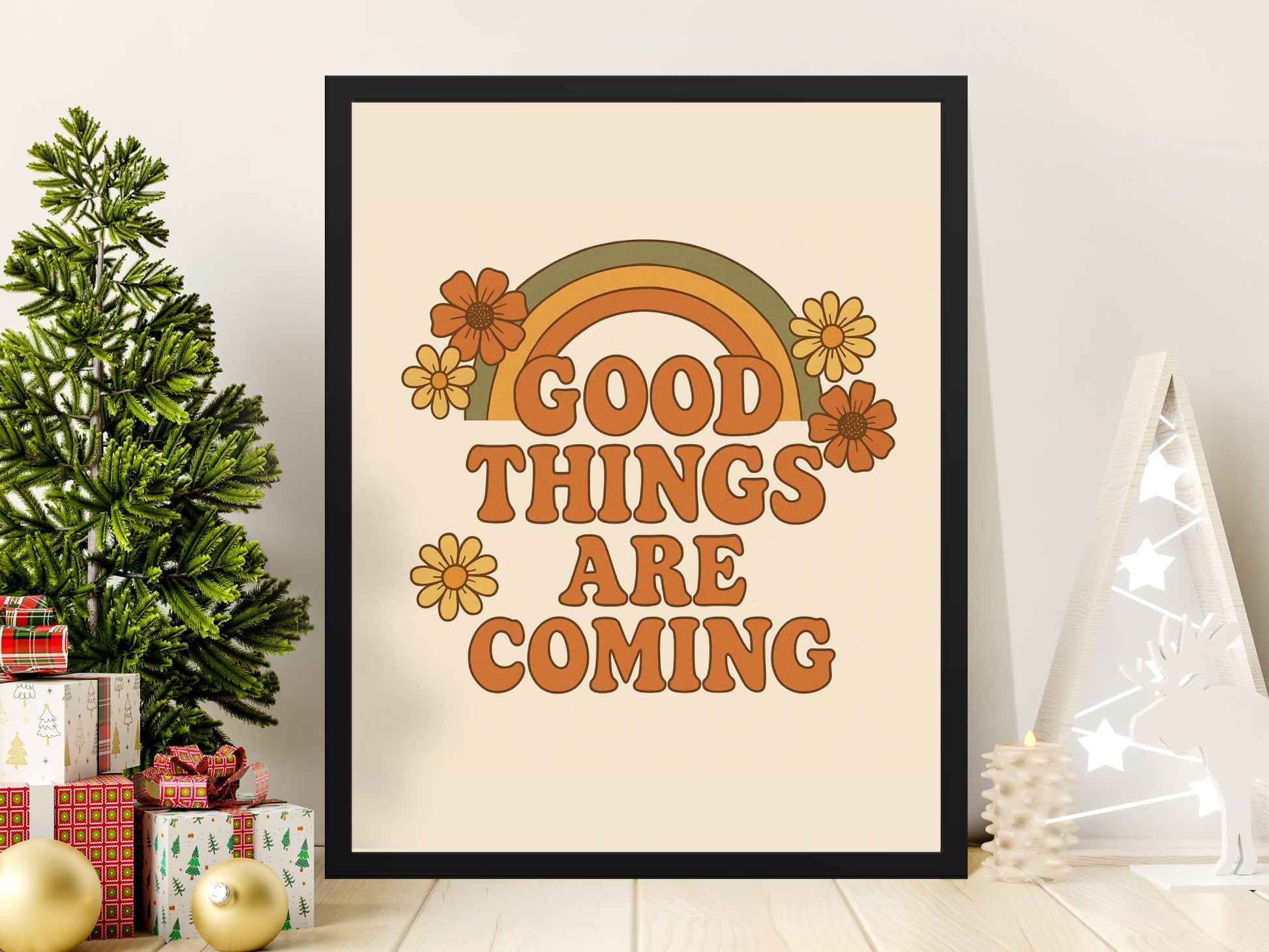 Inspirational Quote Wall Art, Good Things Are Coming Poster, Floral Rainbow Print, Home Decor Gift
