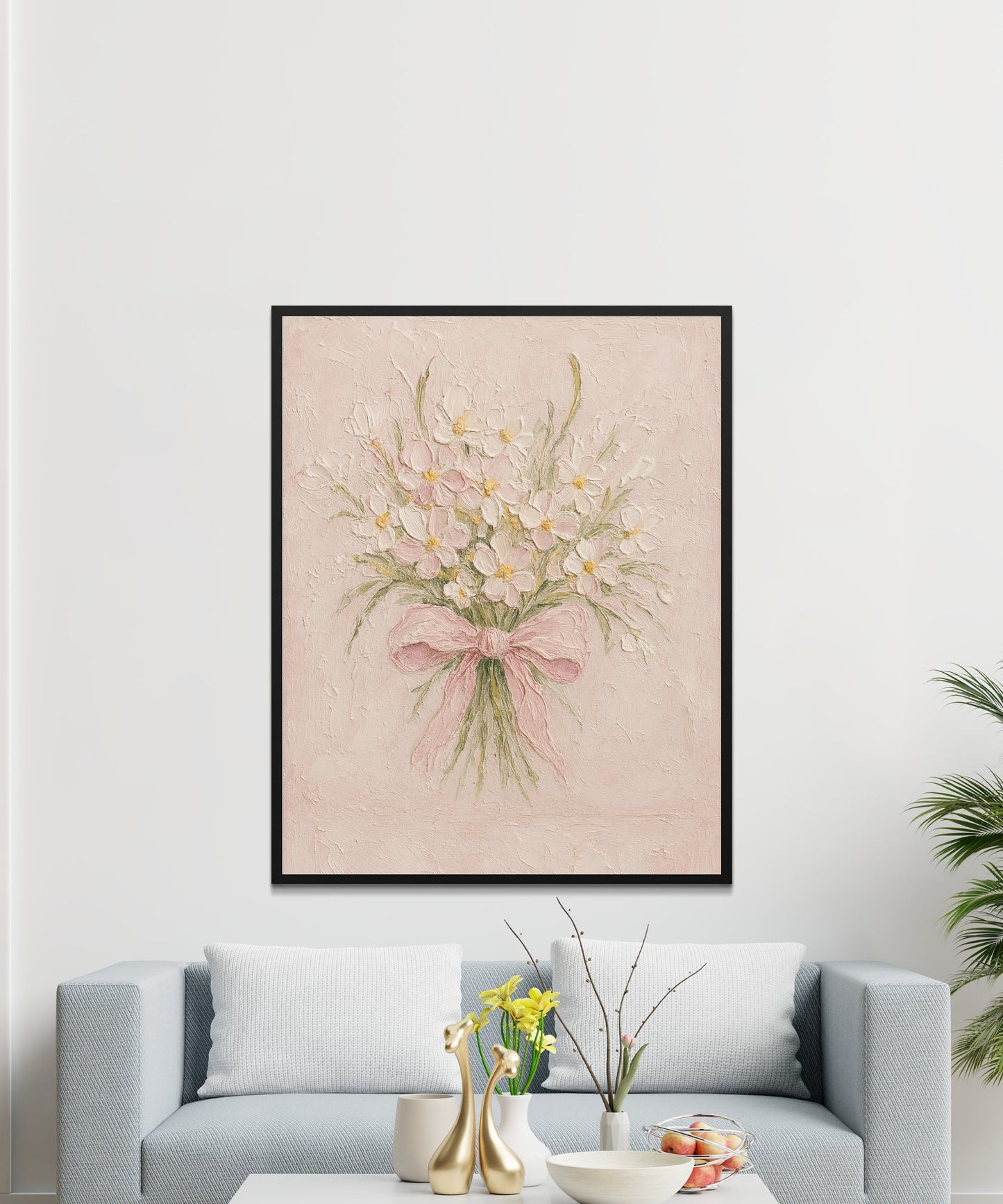 Vintage Floral Wall Art Print, Pink Bouquet Painting, Shabby Chic Home Decor, Romantic Living Room Artwork