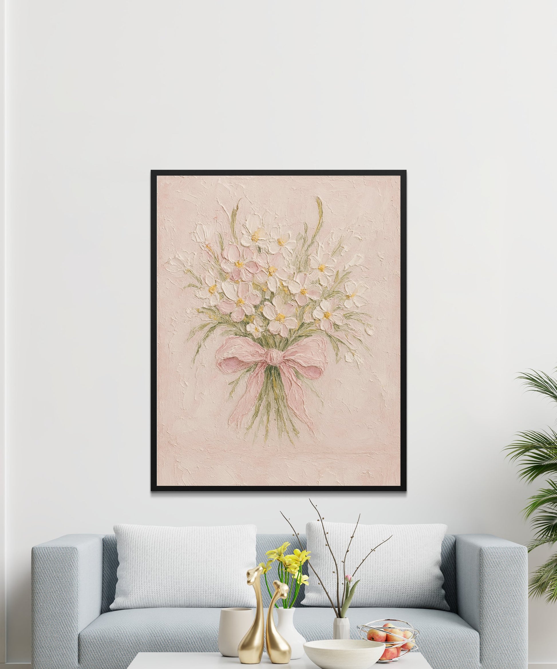 Vintage Floral Wall Art Print, Pink Bouquet Painting, Shabby Chic Home Decor, Romantic Living Room Artwork