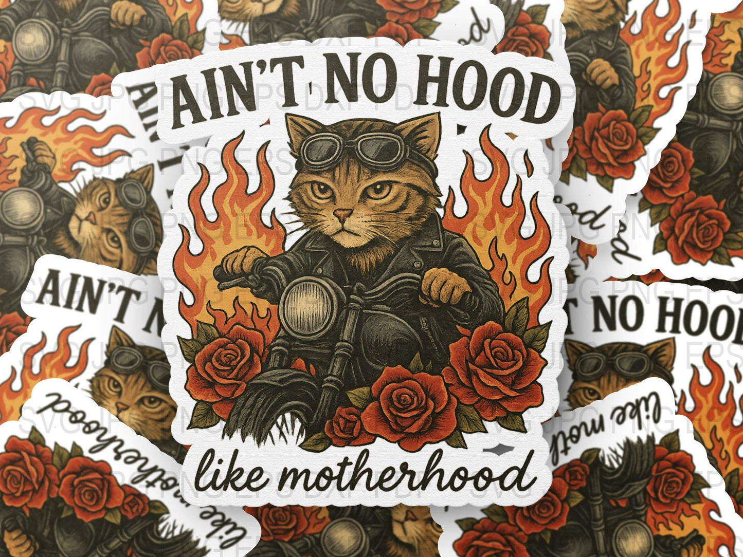 Ain't No Hood Like Motherhood Cat Sticker, Vintage Style, Floral Design, Cool Cat Biker, Fire Background, Mother's Day Gift Idea
