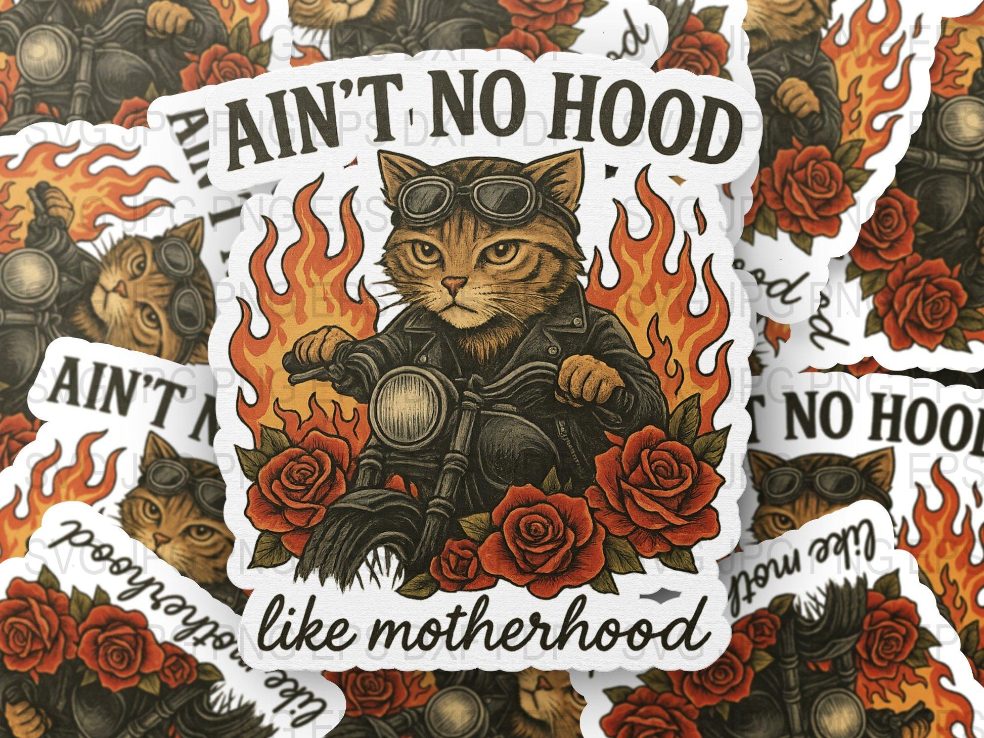Ain't No Hood Like Motherhood Cat Sticker, Vintage Style, Floral Design, Cool Cat Biker, Fire Background, Mother's Day Gift Idea