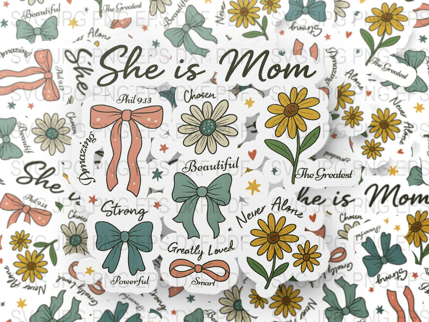 She is Mom Floral Stickers, Beautiful Mom Quotes, Mother's Day Gift, Waterproof Vinyl Decals, Feminine Flower Design, Inspirational Words