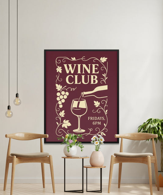 Wine Club Poster, Vintage Style Wine Tasting Sign, Decorative Wall Art, Home Bar Decor, Gift for Wine Lovers, Fridays 6PM Design