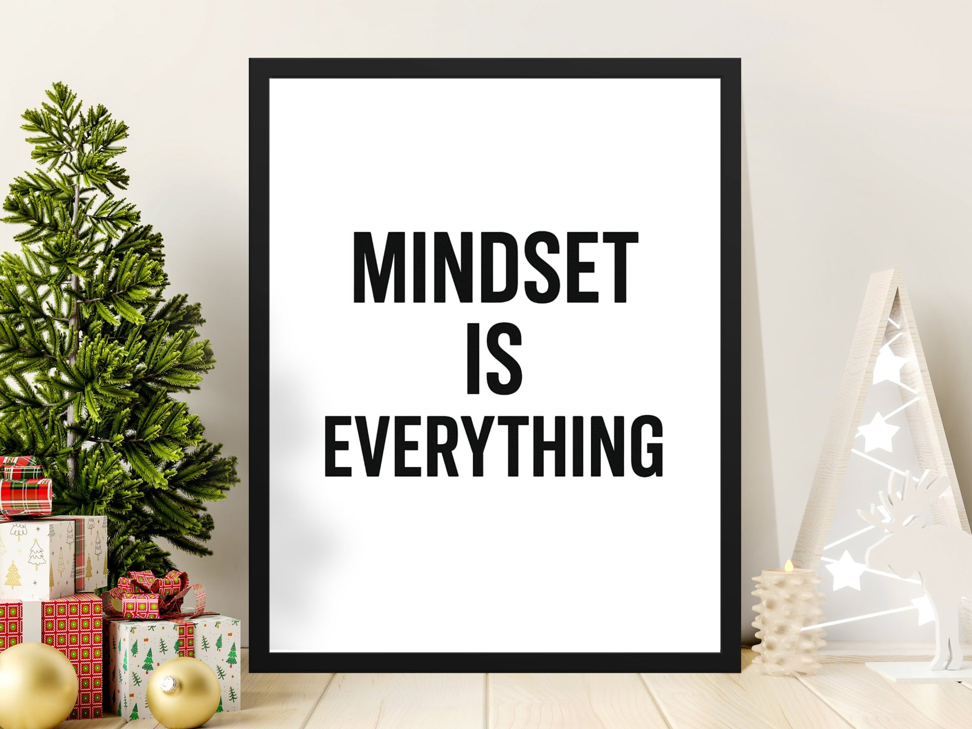 Mindset Is Everything Inspirational Quote Poster, Black and White Wall Art Decor, Home Office Decoration, Framed Print, Holiday Gift Idea