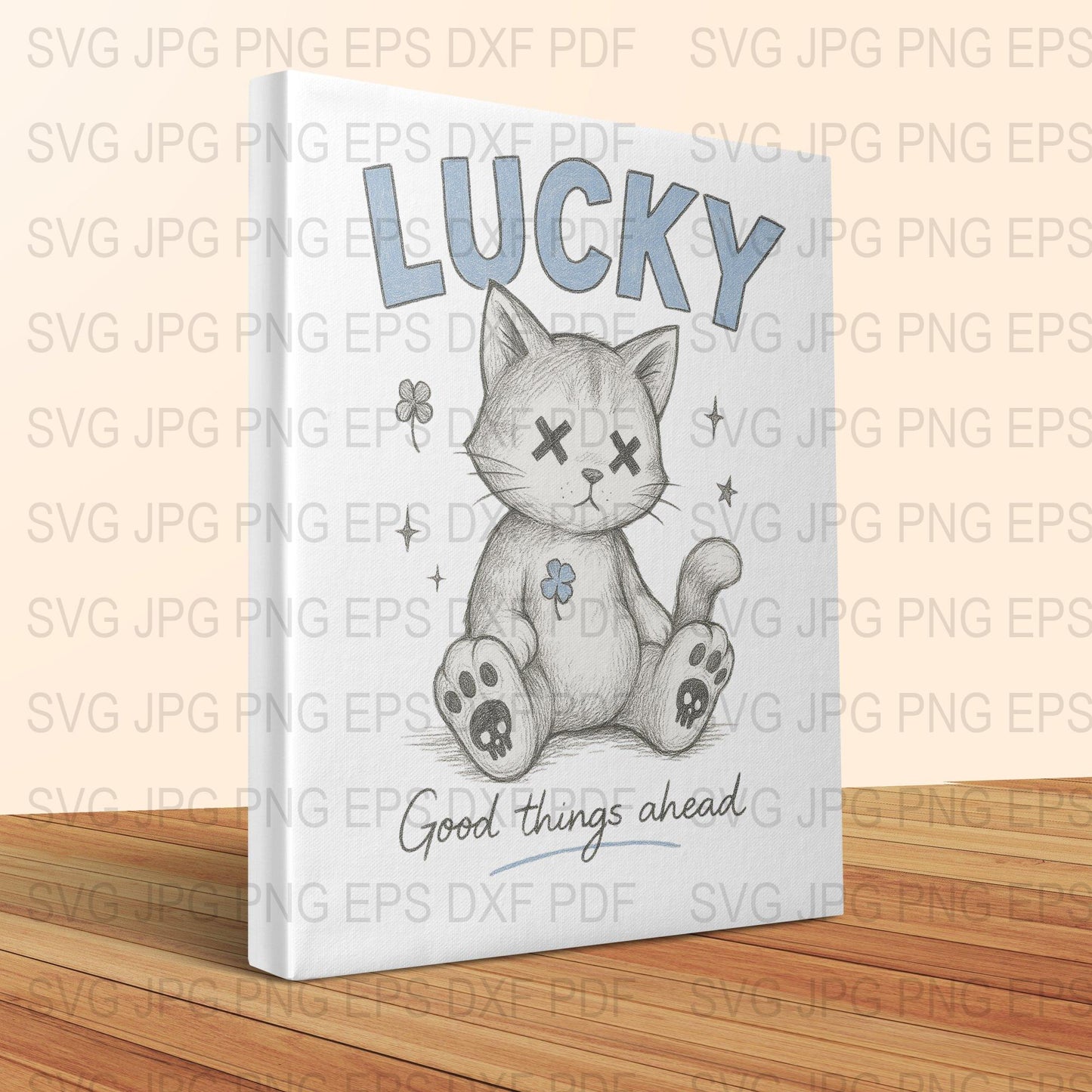 Lucky Cat Drawing SVG, JPEG, PNG, EPS, DXF, PDF Files, Cute Kitten Sketch, Digital Download for Crafting and Printing