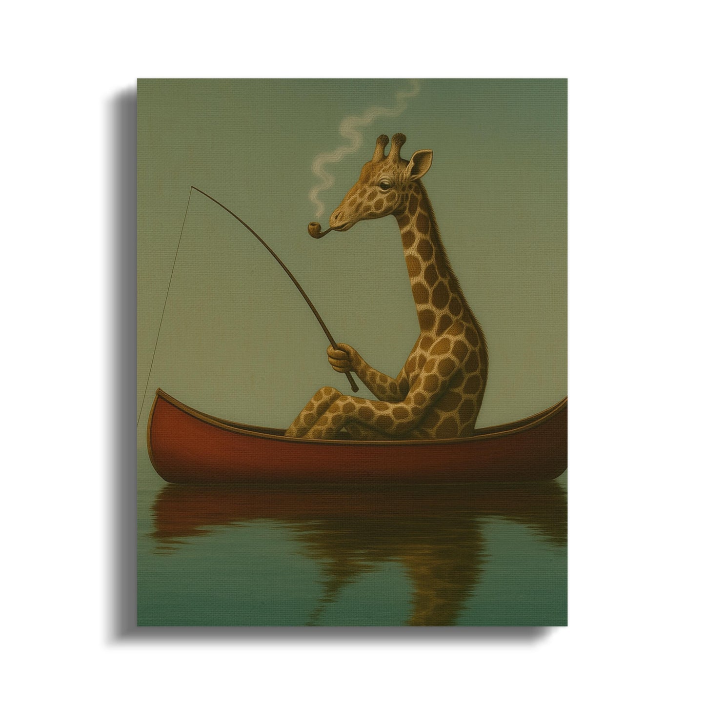 Whimsical Giraffe Fishing in Canoe Print, Vintage Style Wall Art, Unique Animal Canvas, Home Decor
