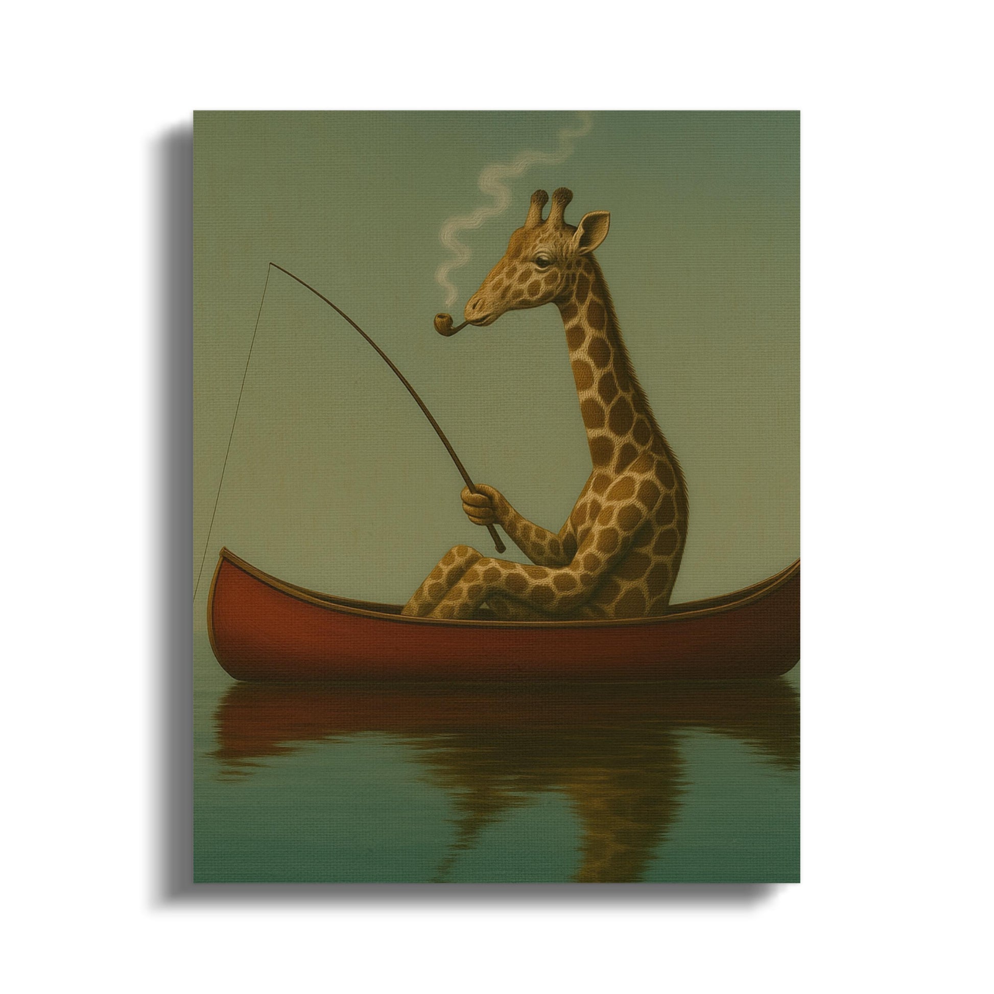 Whimsical Giraffe Fishing in Canoe Print, Vintage Style Wall Art, Unique Animal Canvas, Home Decor