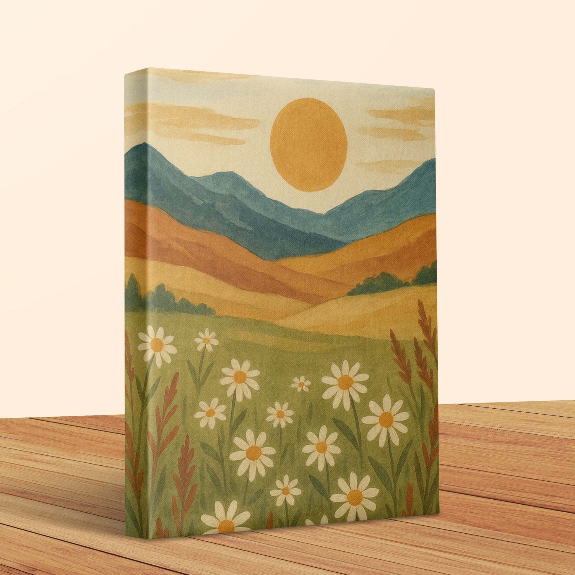 Rustic Mountain and Sun Canvas Art Print - Colorful Landscape Scenery with Flowers, Home Decor Wall Art
